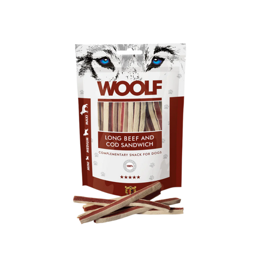 Woolf Long Sandwich Hundegodbidder med Oksekød & Torsk