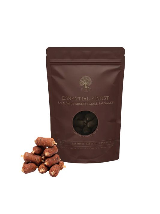 Essential Foods Finest Small Pølser Hundegodbidder med Laks & Persille – 20 stk.