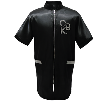 CBK grooming gown, Black satin model with bling