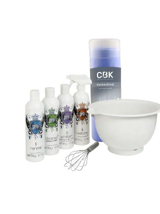 Ashley Craig Show Salon Spa Startkit til Hunde – 4 × 500 ml inkl. Cleanse, Grej & Vaskeskind inkl. Skål & Piskeris