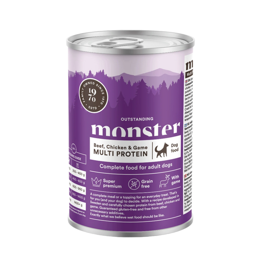Monster Vådfoder Multi Protein Bøf, Hjort & Kylling 400 gram multi protein beef, chicken & game
